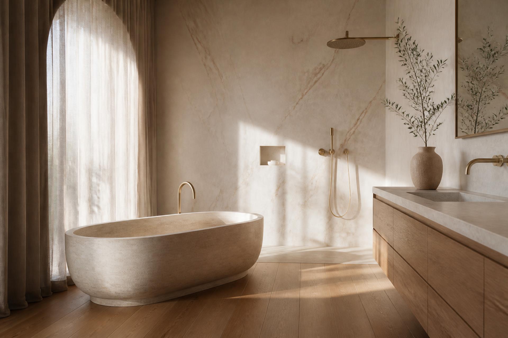 A newly completed luxury bathroom with a travertine stone bath and brushed brass fixtures
