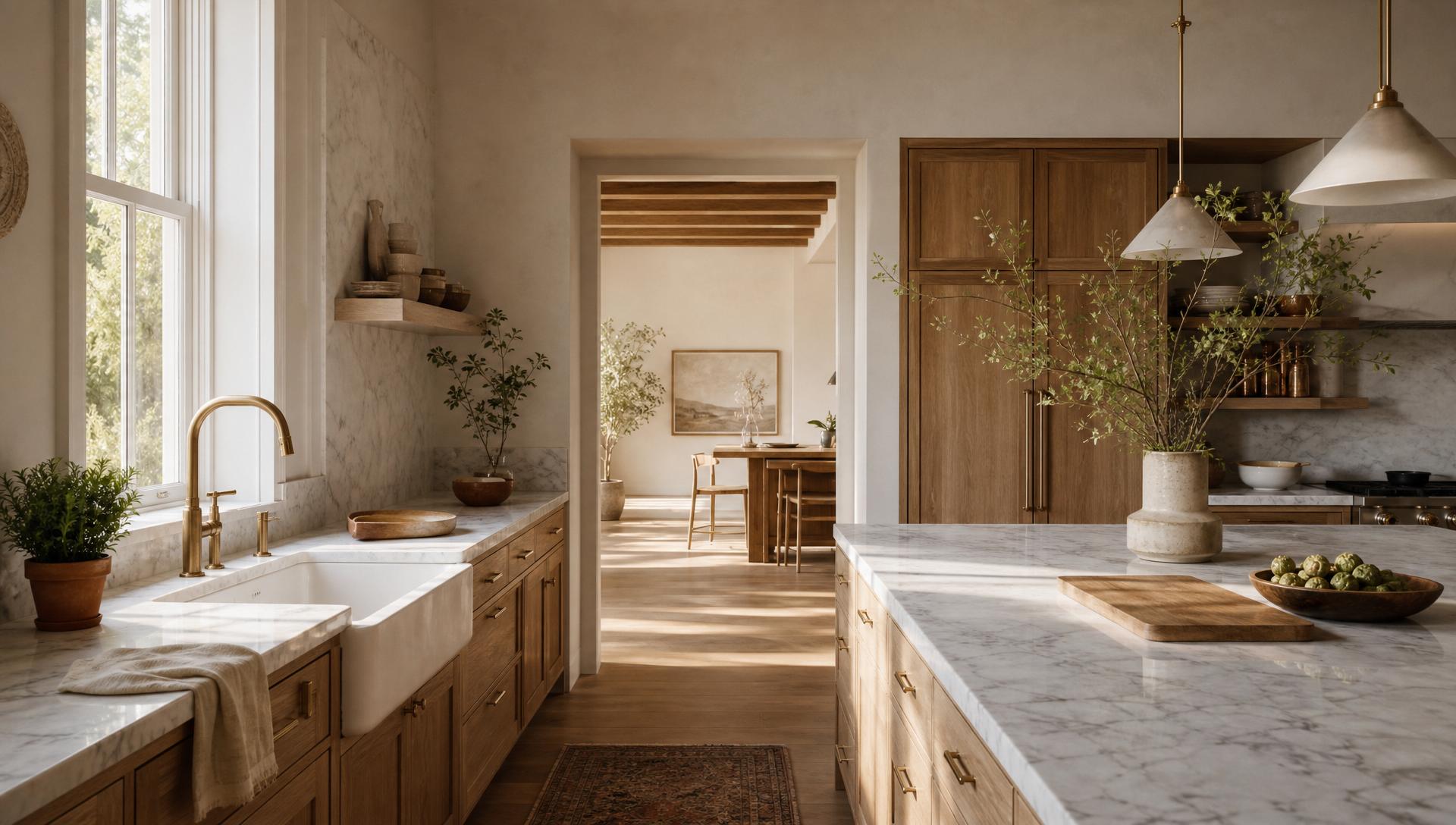 A warm, light-filled luxury kitchen with oak cabinetry and marble surfaces