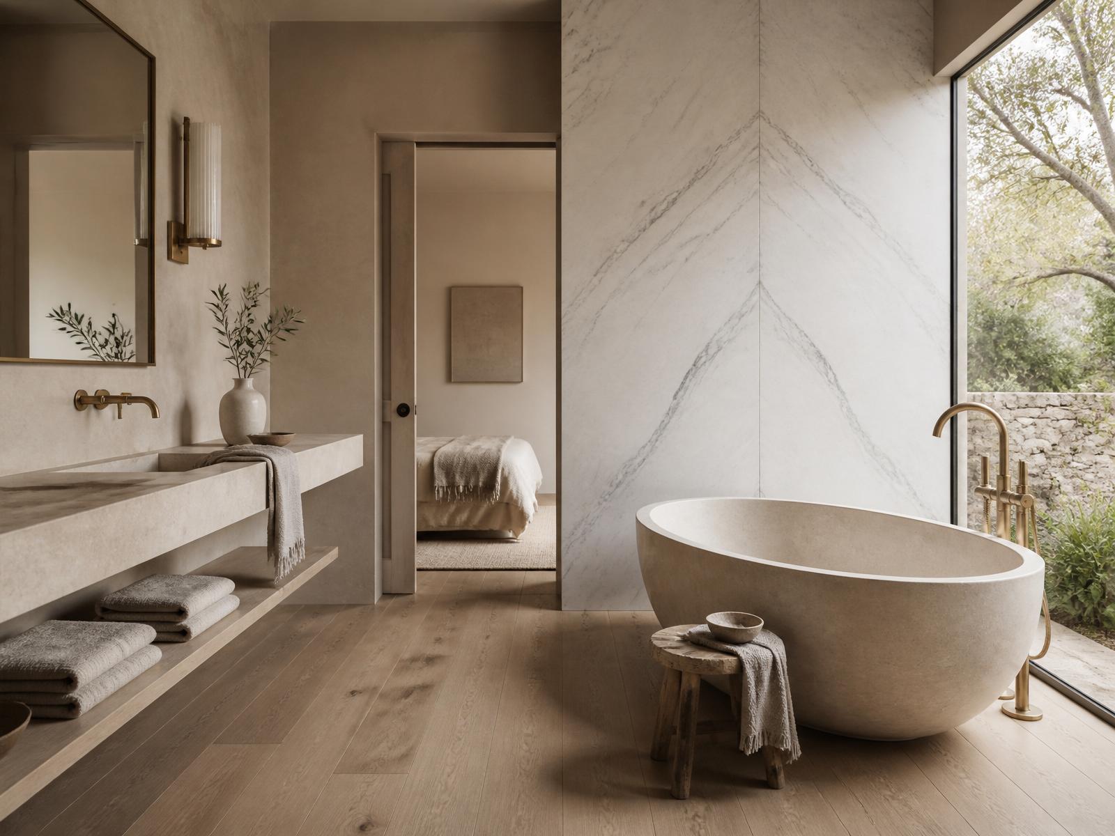 The Ash House — a spa-inspired Hampshire bathroom in book-matched marble with a freestanding stone bath