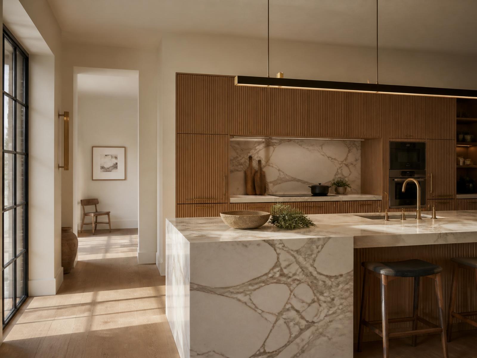 The Oak Residence — a contemporary Surrey kitchen with fluted oak cabinetry and a honed marble island