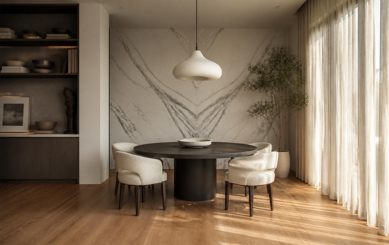 A quiet, light-filled dining space with book-matched marble and warm oak floors, made by Northline